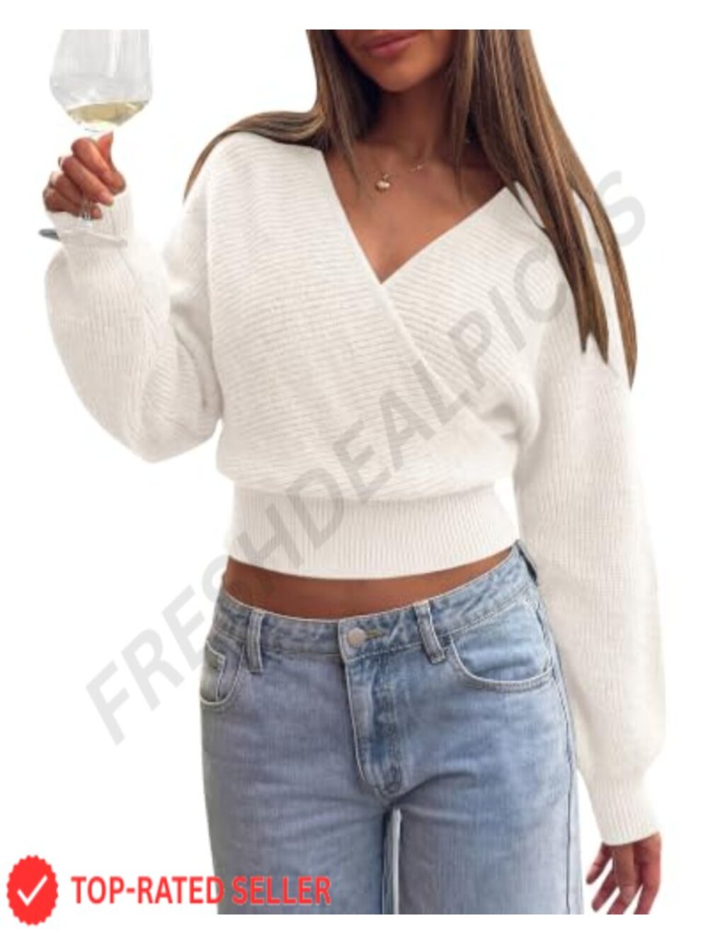 Ribbed Knit V Neck Wrap Cross Sweater Long Sleeve Pullover